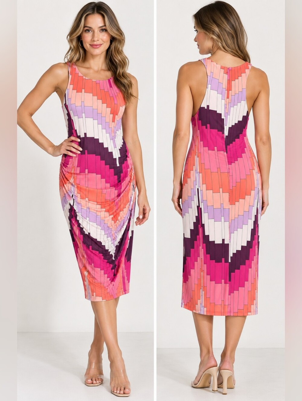 Trina Turk Size 10 Geometric Print Ruched Stretch Sheath Dress Pink Purple